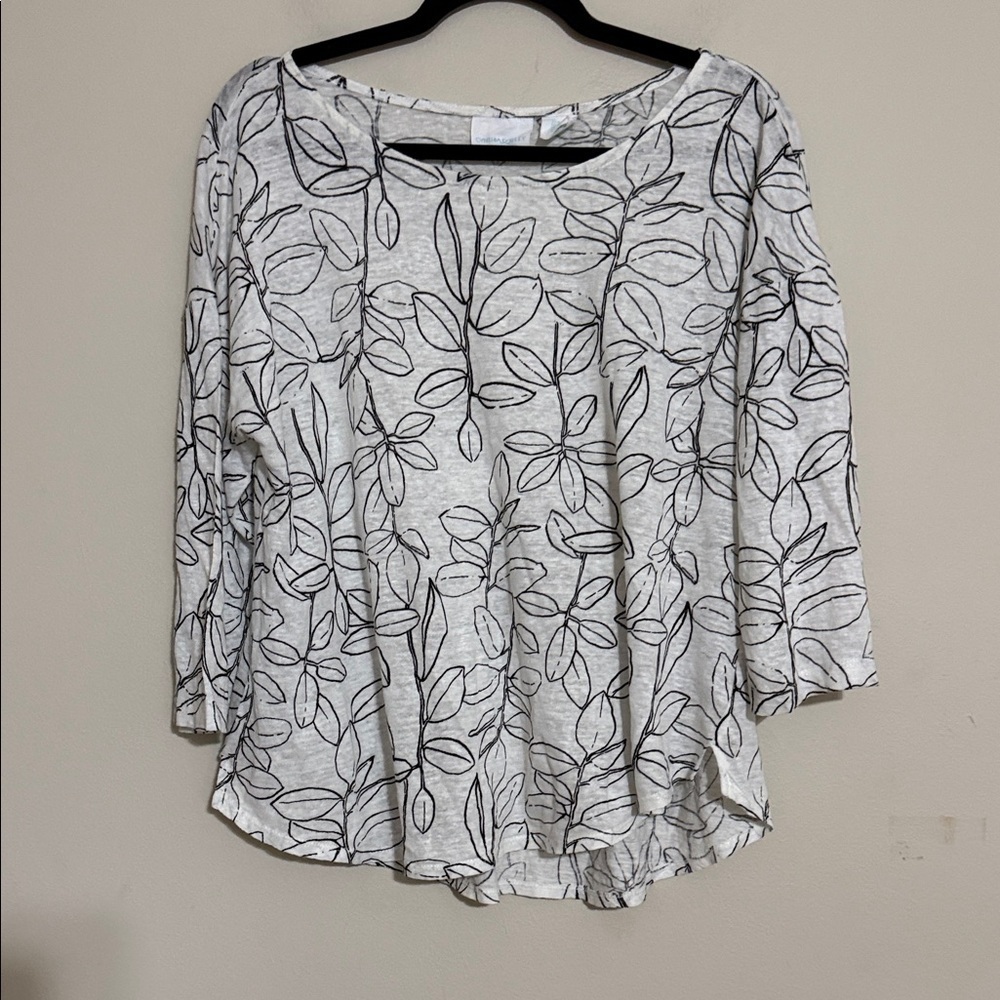 Cynthia Rowley Black White Leaf Print Blouse top linen women XL /G casual vacay